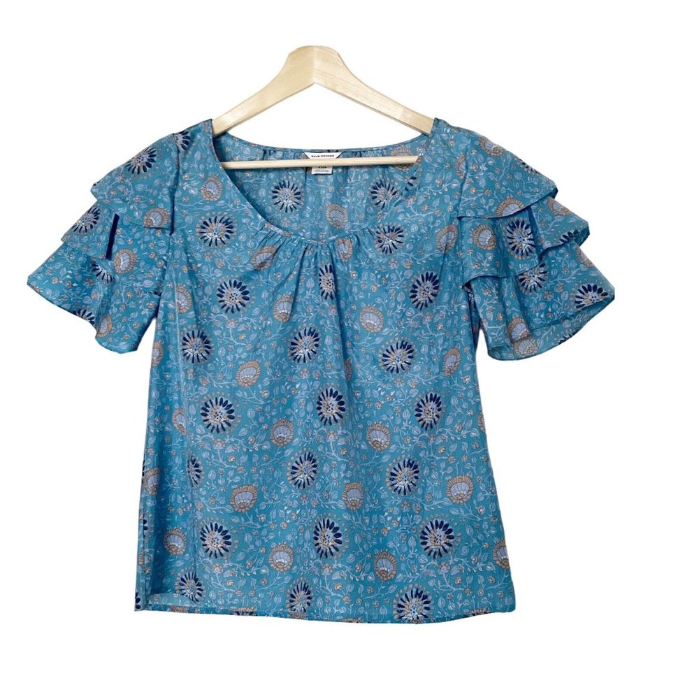 Club Monaco Womens XS 100% Silk Blouse Top Ruffle Sleeves Multi-Color Blue Flora
